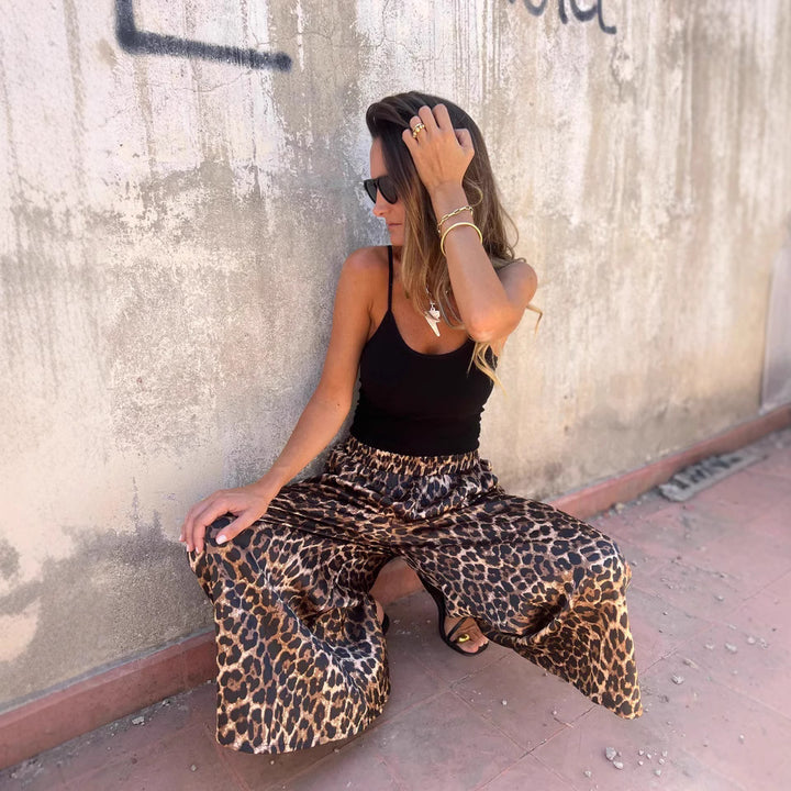 Damen weit geschnittene Palazzohose mit leopardenmuster Drune