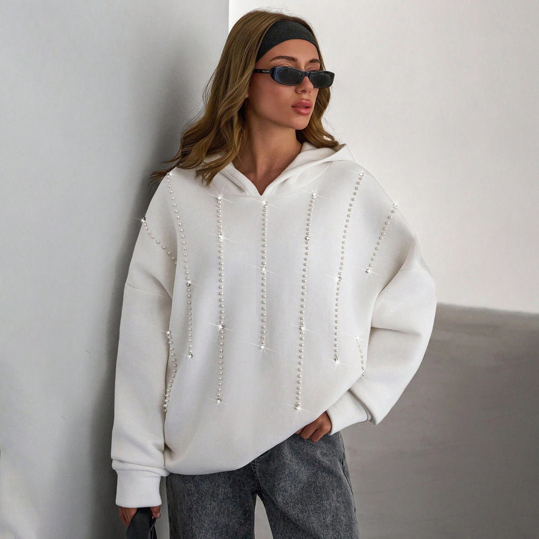 Damen Oversized Kapuzenpullover mit eleganten Perlenakzenten Drune