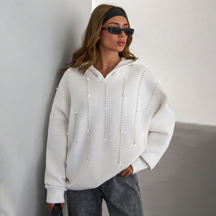 Damen Oversized Kapuzenpullover mit eleganten Perlenakzenten Drune