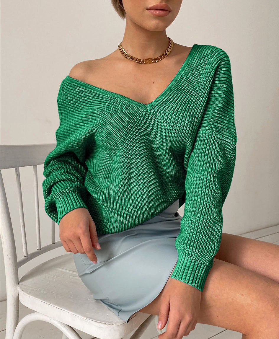 Damen eleganter V-Ausschnitt Pullover mit feiner Rippenstruktur und überschnittenen Schultern Drune