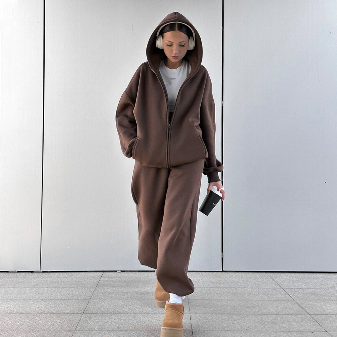 Damen Bequemes Fleece-Hausanzug-Set mit Hoodie und elastischem Bund Drune