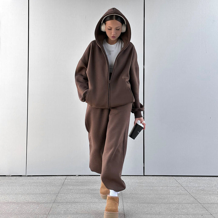 Damen Bequemes Fleece-Hausanzug-Set mit Hoodie und elastischem Bund Drune
