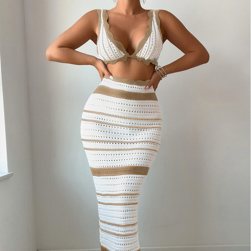 Damen Häkel-Crop-Top und Maxirock Set Drune