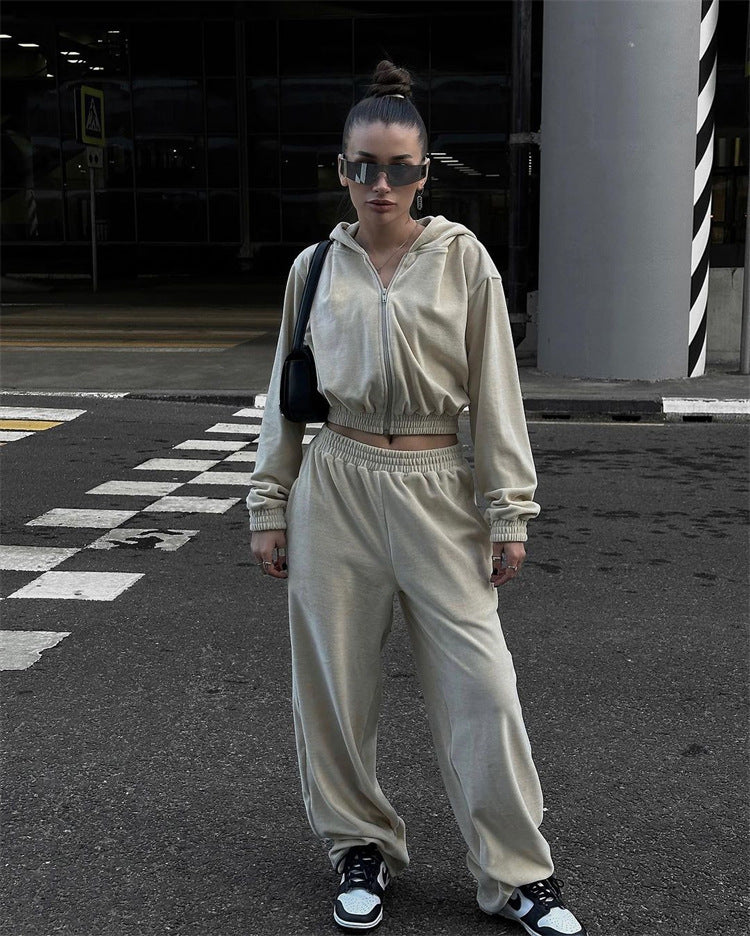Damen nan Samt-Trainingsanzug zweiteilig mit cropped Kapuzenjacke und hoher Taille Jogginghose Drune