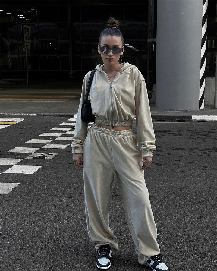 Damen nan Samt-Trainingsanzug zweiteilig mit cropped Kapuzenjacke und hoher Taille Jogginghose Drune