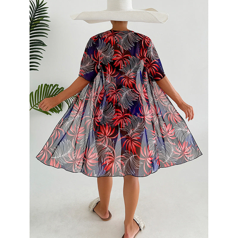 Damen Bademantel mit floralem Design und kurzen Ärmeln Drune