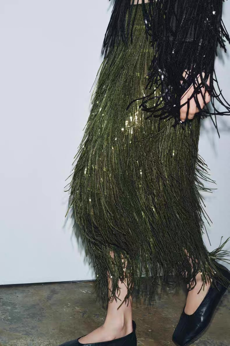 Damen Fransenrock aus schimmerndem Material mit eleganten Details Drune