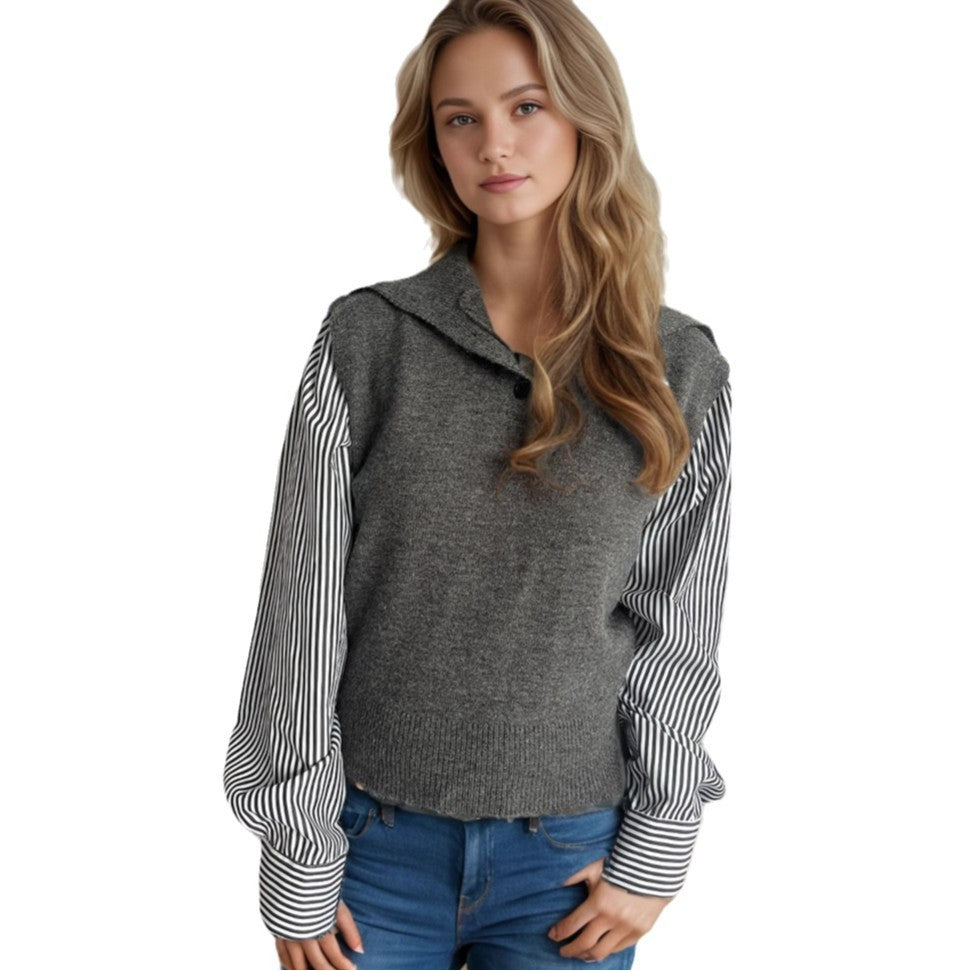 Damen Strickpullover mit modernem Kragen und eleganten gestreiften Ärmeln Drune