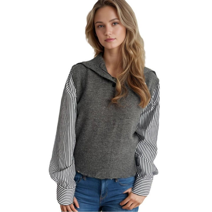 Damen Strickpullover mit modernem Kragen und eleganten gestreiften Ärmeln Drune