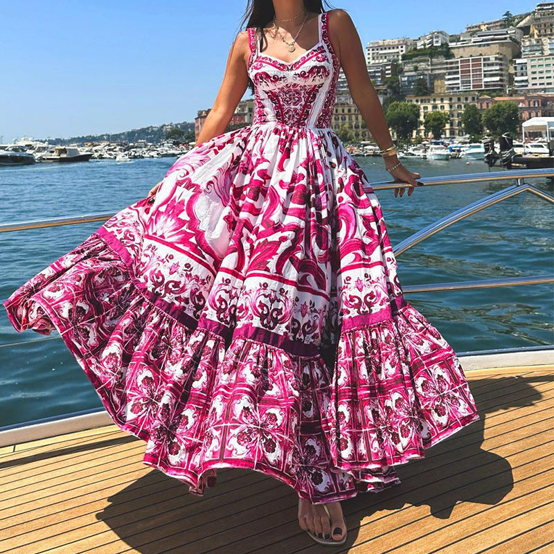 Damen Elegantes Maxikleid mit verspieltem Rüschendesign und üppigen Mustern Drune