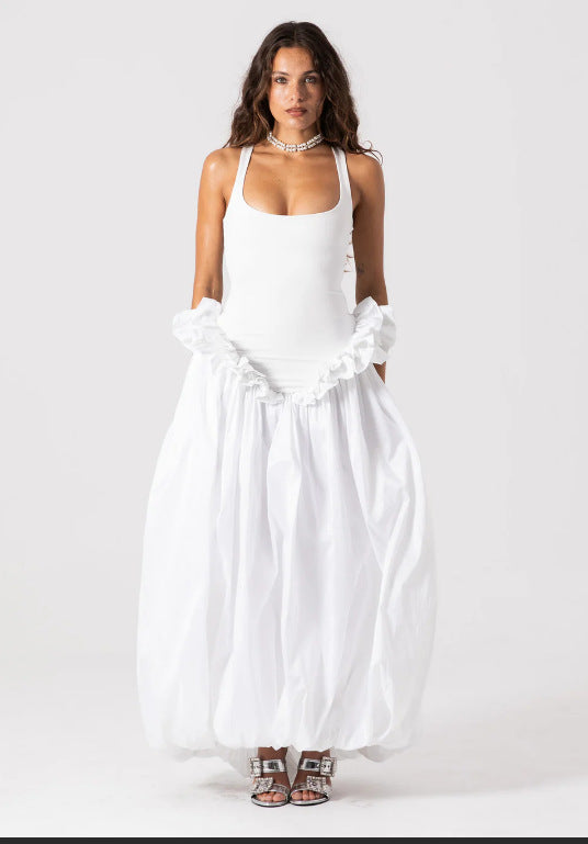 Damen Elegantes Maxikleid mit Rüschensaum und Figurbetontem Oberteil Drune