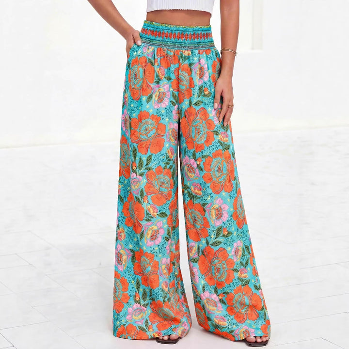 Damen luftige Palazzo-Hose mit floralen Mustern und elastischem Bund Drune