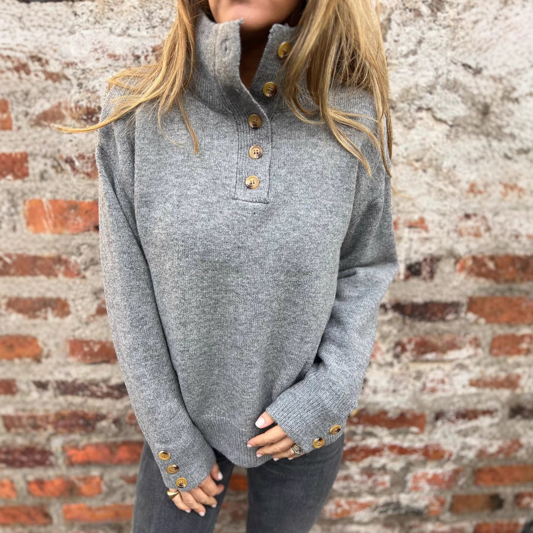 Damen kuscheliger Pullover mit hohem Kragen und dekorativen Knopfdetails Drune