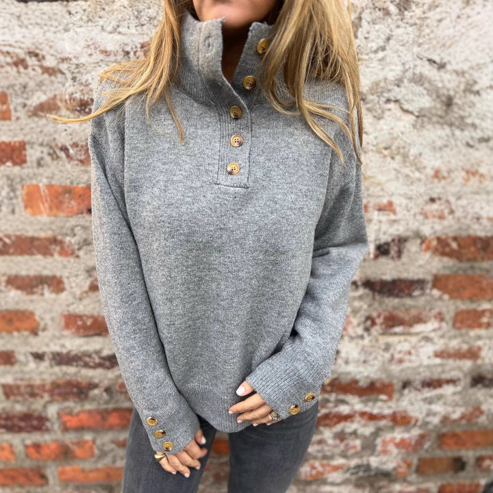 Damen kuscheliger Pullover mit hohem Kragen und dekorativen Knopfdetails Drune