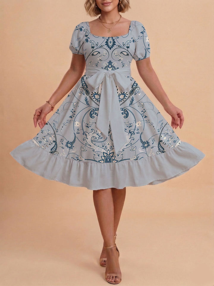 Damen Retro Maxikleid mit Puffärmeln und Taillengürtel Drune