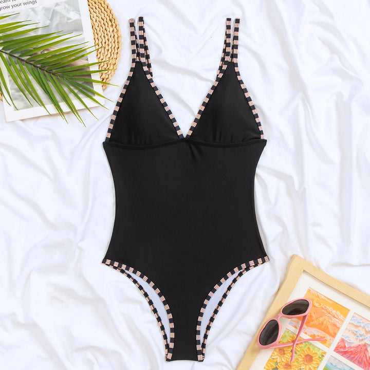 Damen Eleganter Einteiler Badeanzug mit stylischem V-Ausschnitt und Karodetails Drune