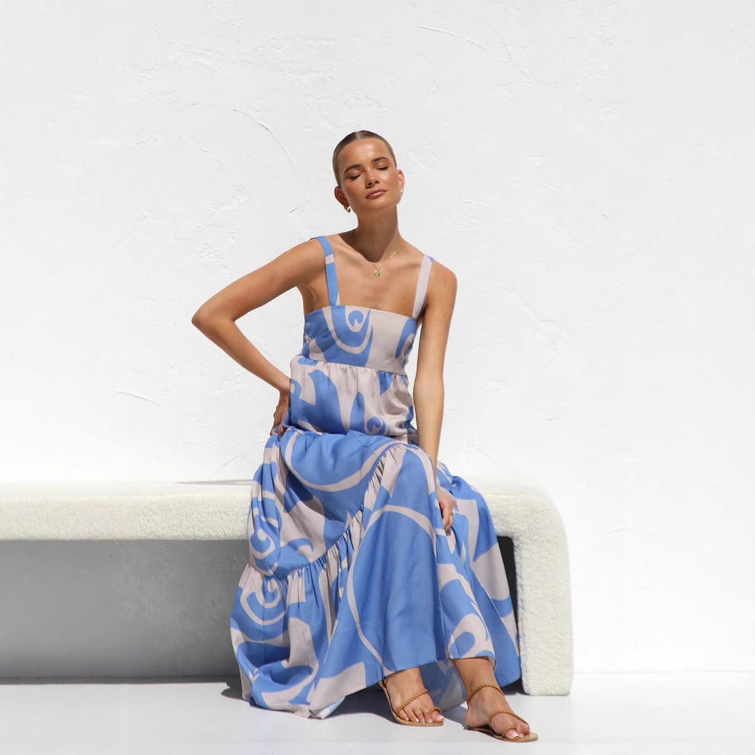 Damen Maxikleid mit modernem grafischen Muster und luftigen Volants Drune