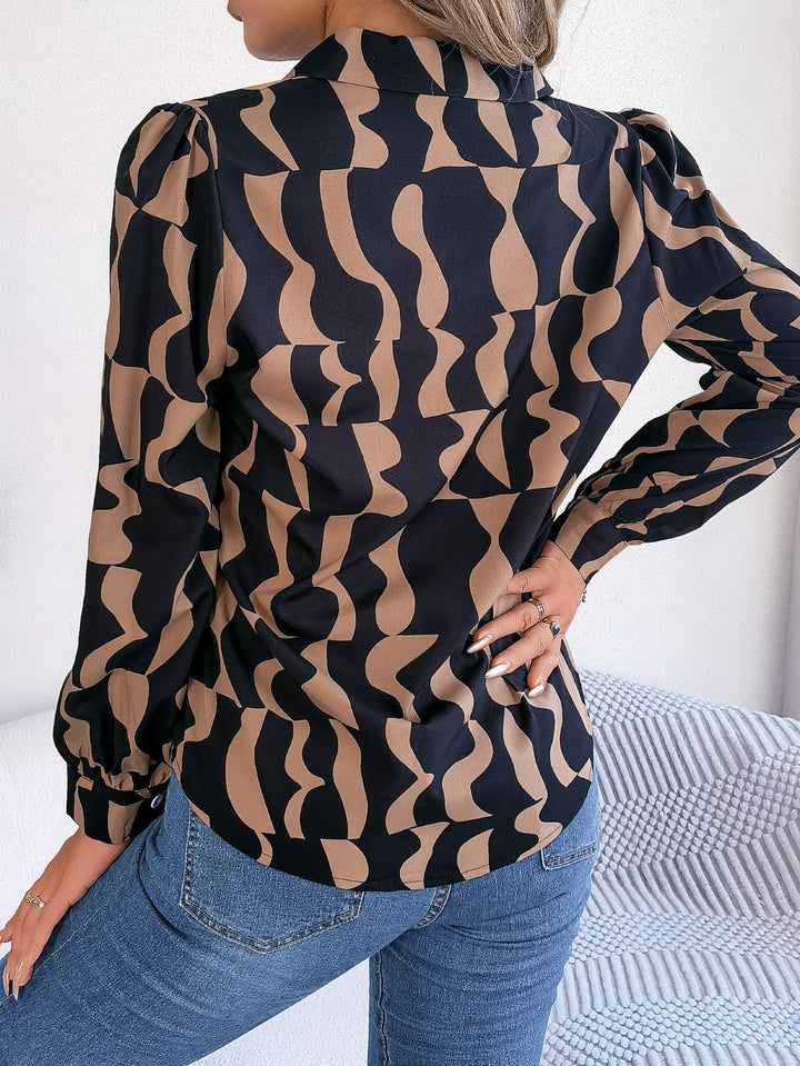 Damen Bluse mit modischem Grafikdruck und elegantem Kragen Drune