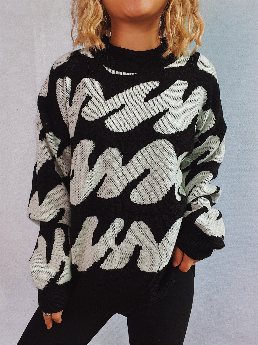 Damen lässiger Pullover mit modernem Farbblockdesign und voluminösen Ärmeln Drune