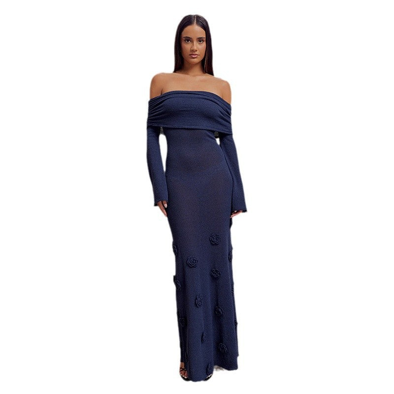 Damen Elegantes Abendkleid mit Schulterfreiem Design und Blumenapplikationen Drune