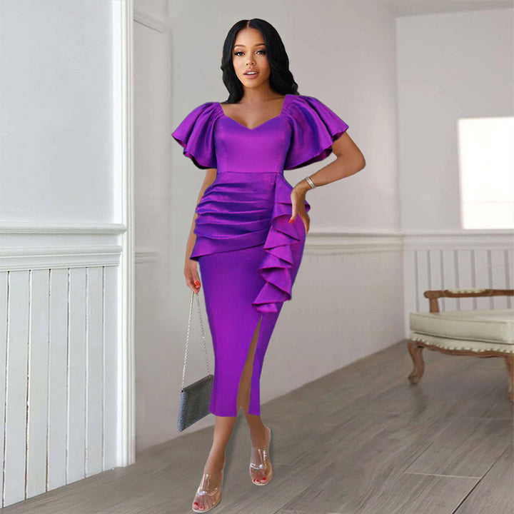 Damen Elegantes Maxikleid mit voluminösen Ärmeln und asymmetrischem Rüschen-Design Drune