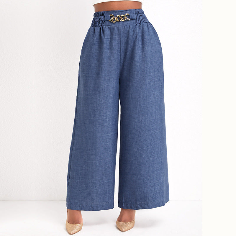 Damen Elegante Weitbein-Hose mit elastischem Bund und goldener Kette Drune