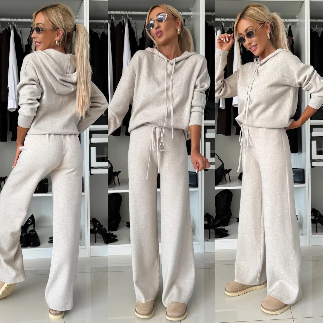 Damen nan luxuriöses Feinstrick-Loungewear-Set mit Kapuzenpullover, elastischem Komfortbund und fließendem Wide-Leg-Hosenbein Drune