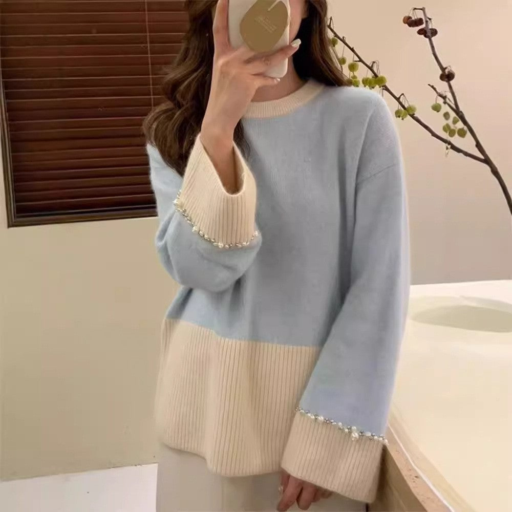 Damen Modischer Strickpullover mit perlverzierten Ärmeln Drune