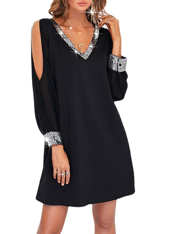 Damen elegantes Kleid mit glitzerndem V-Ausschnitt und innovativen Trägerdetails Drune