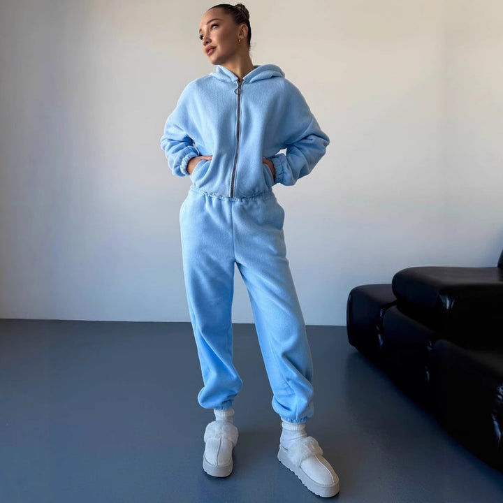 Damen stylisches Fleece-Loungewear-Set mit cropped Jacke und bequemen Jogginghosen Drune