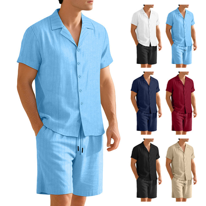 Herren nan Rippenstrick Lounge-Set mit Reverskragen Kurzarmhemd und Komfort-Bermuda Drune