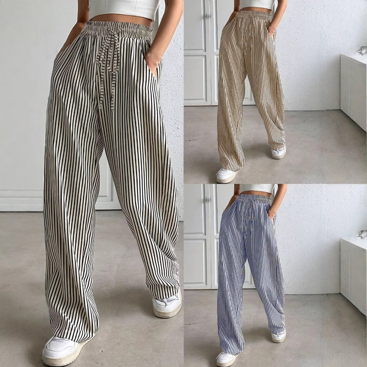 Damen Weit geschnittene Streifenhose mit elastischem Bund und Taschen Drune