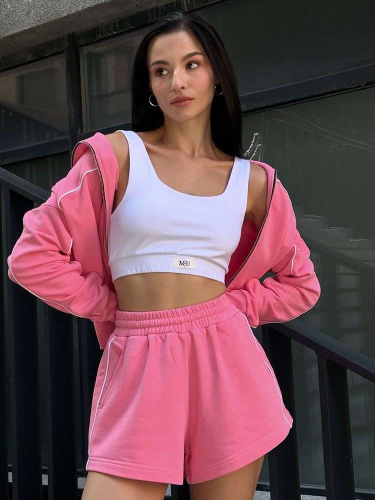Damen nan athletischer Zweiteiler mit formendem Sportbustier, taillierter Highwaist-Sweatshorts und Zip-Hoodie Drune