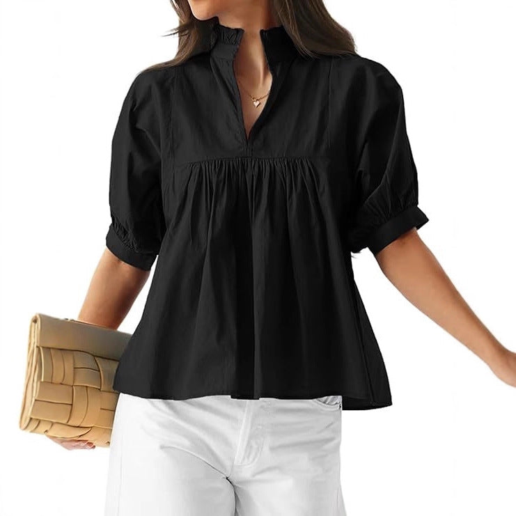 Damen Bluse mit Stehkragen und gepufften Ärmeln Drune