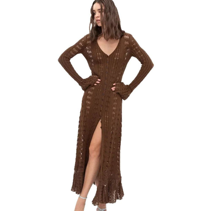 Damen Strickkleid mit voluminösen Ärmeln und raffiniertem Häkelmuster Drune