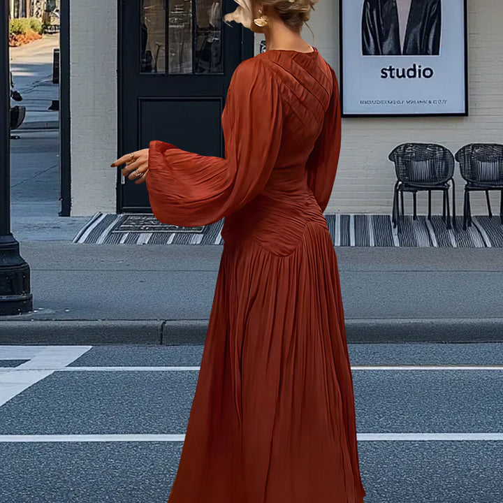 Damen Elegantes Plissiertes Maxikleid mit Raffungen und langen Ärmeln Drune
