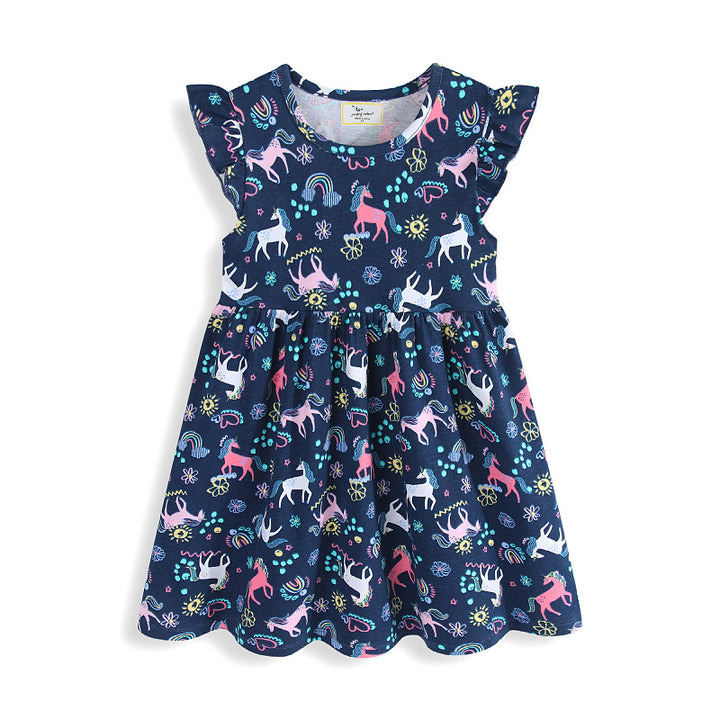 Mädchen Freizeitkleid mit süßen Einhorn- und Blumenmotiven Drune