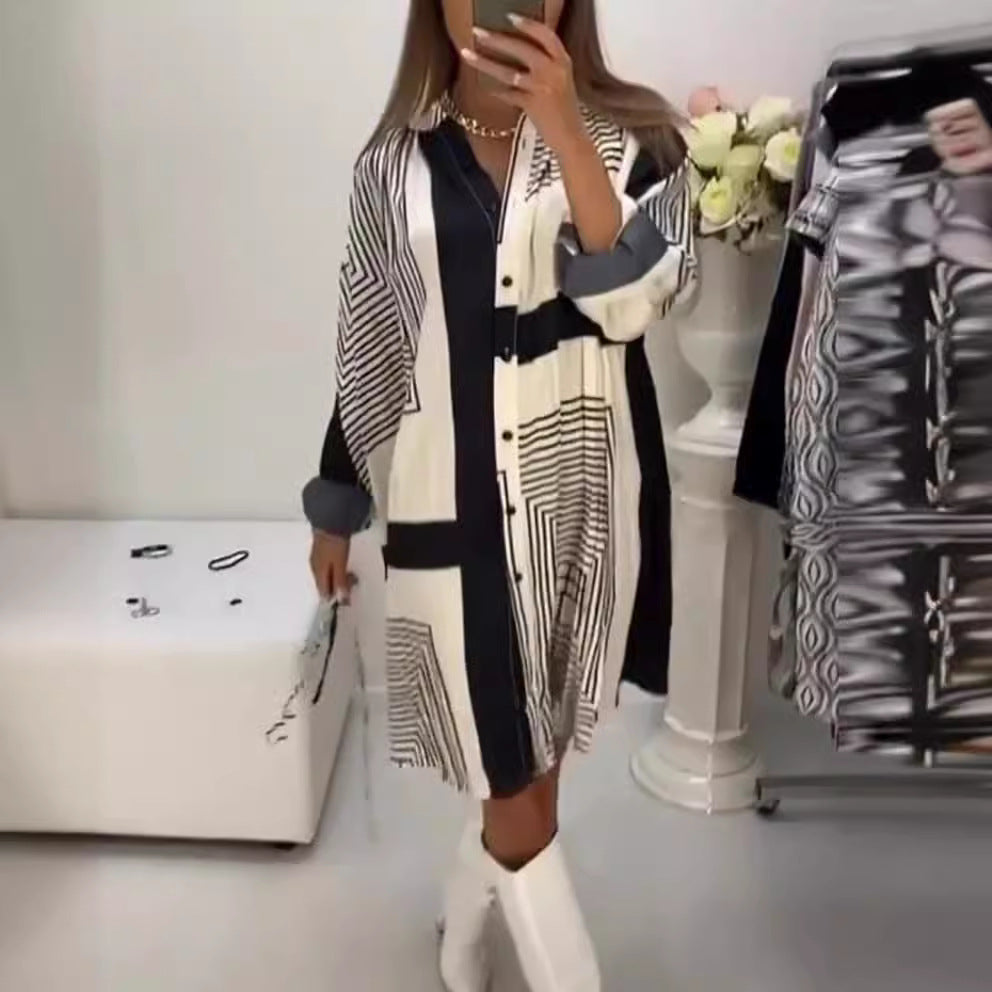 Damen Hemdblusenkleid mit grafischem Muster und voluminösen Ärmeln Drune
