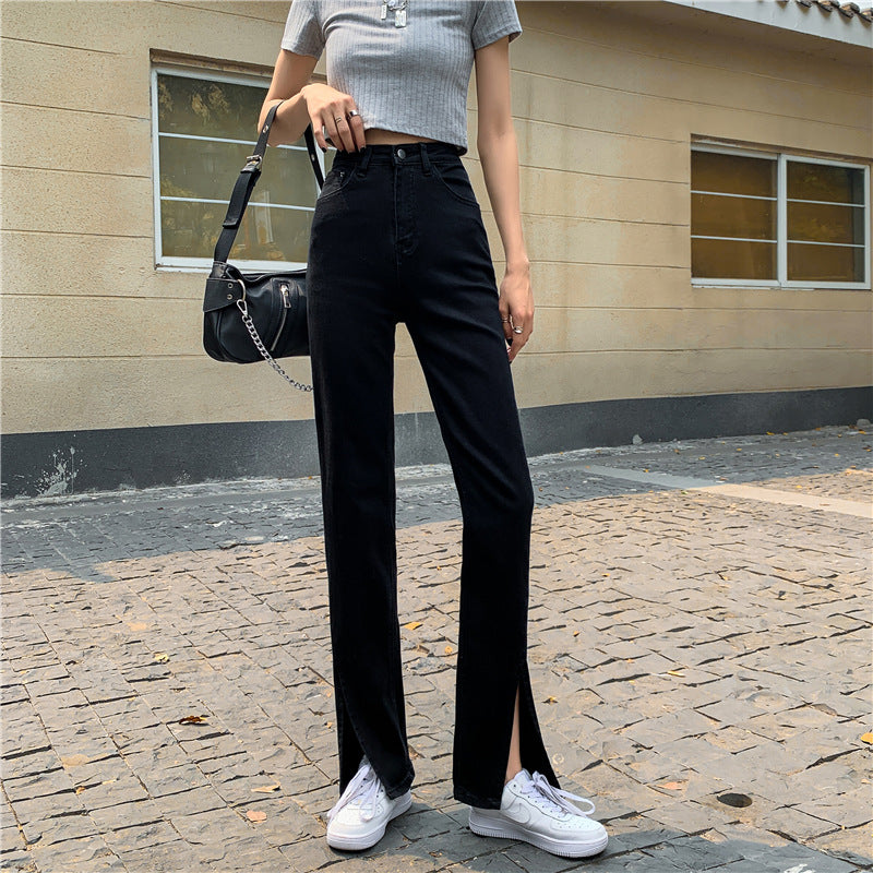 Damen Hochtaillierte Denimhose mit Seitenschlitzen Drune