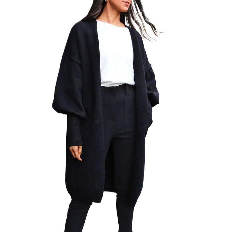 Damen elegante Strickjacke mit voluminösen Ärmeln und praktischen Taschen Drune
