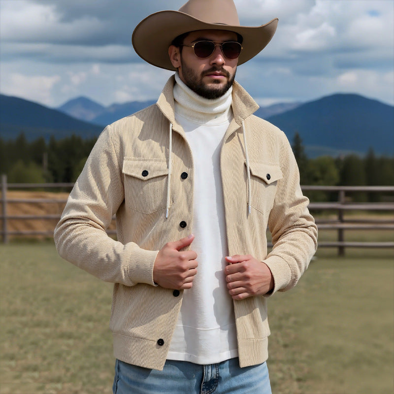 Herren nan gerippte Cord-Überhemdjacke mit Kapuze, Brustklappen und durchgehender Knopfleiste Drune