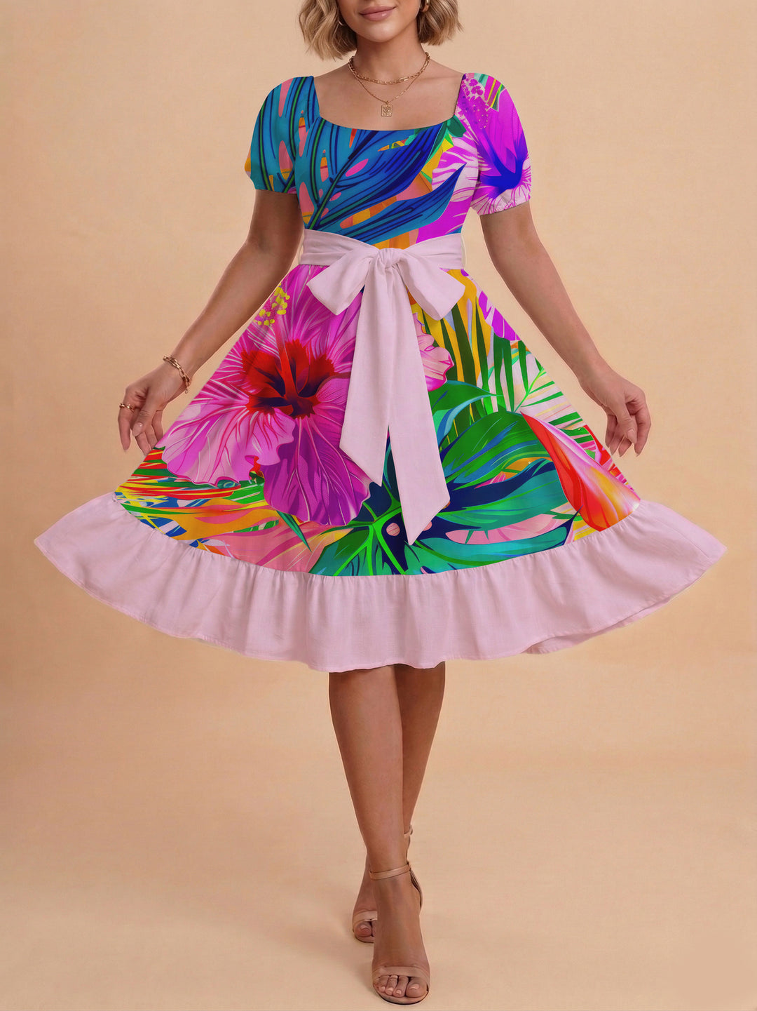 Damen Sommerkleid mit floralem Puffärmel und taillierbarem Gürtel Drune