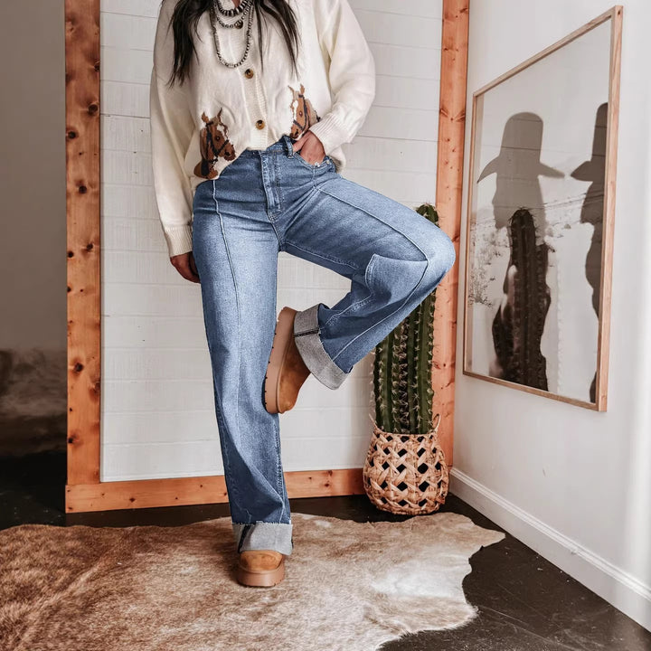 Damen weite High-Waist Jeans mit einzigartigen Kontrastnähten und lässigem Look Drune