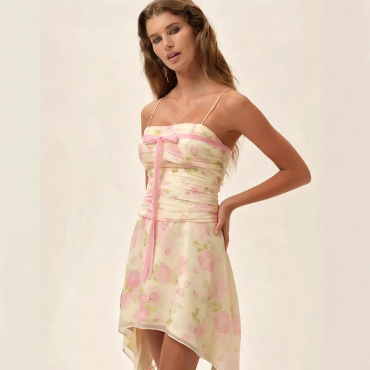Damen Flower-Print Mini-Kleid mit asymmetrischem Saum und eleganter Raffung Drune