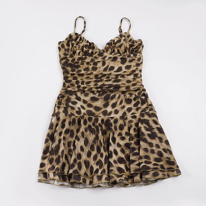 Damen Tiermuster Kleid mit Rüschen und Spaghettiträgern Drune