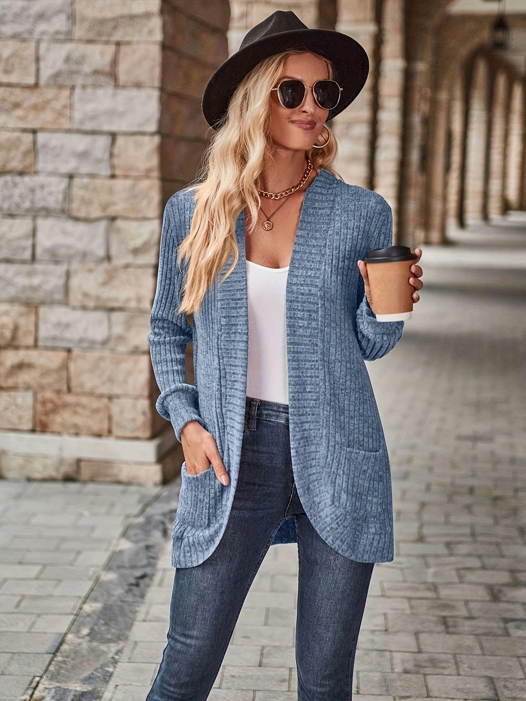 Damen Strickjacke mit offenen Front und modischem Rippenstruktur Drune
