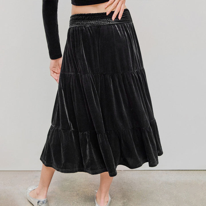 Damen elegantes Set aus Rüschenshirt und schwingendem Maxi-Rock Drune