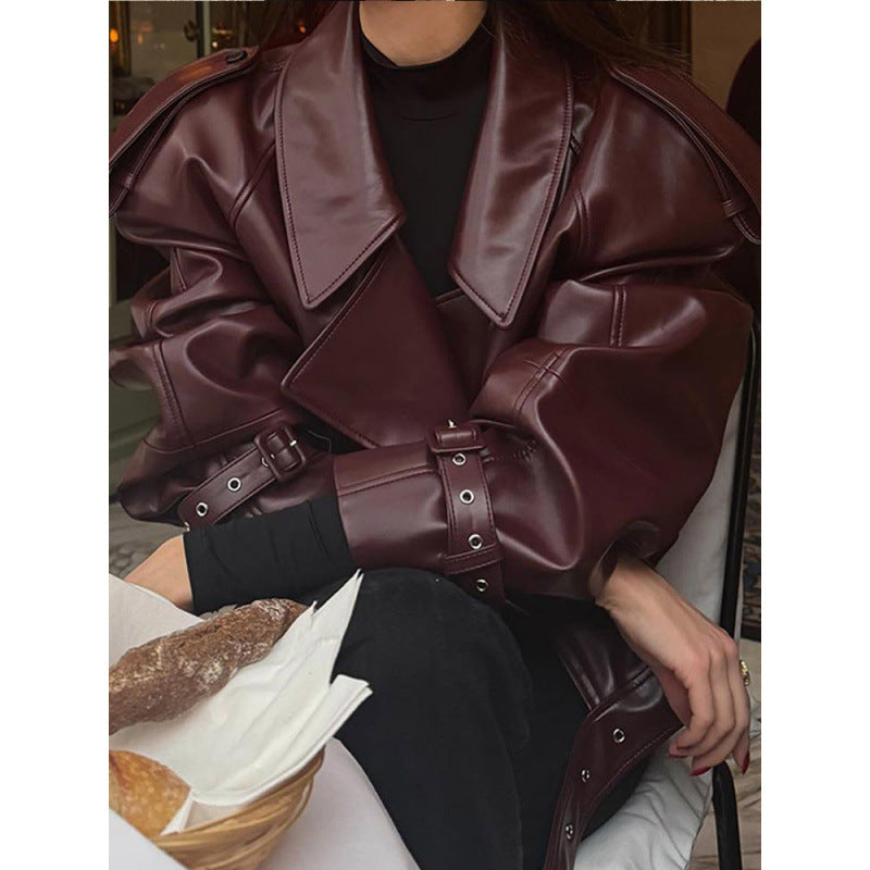 Damen modische Kunstlederjacke mit voluminösen Ärmeln Drune