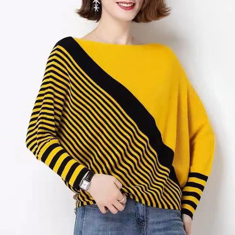 Damen modischer Strickpullover mit asymmetrischem Schnitt und grafischem Streifenmuster Drune