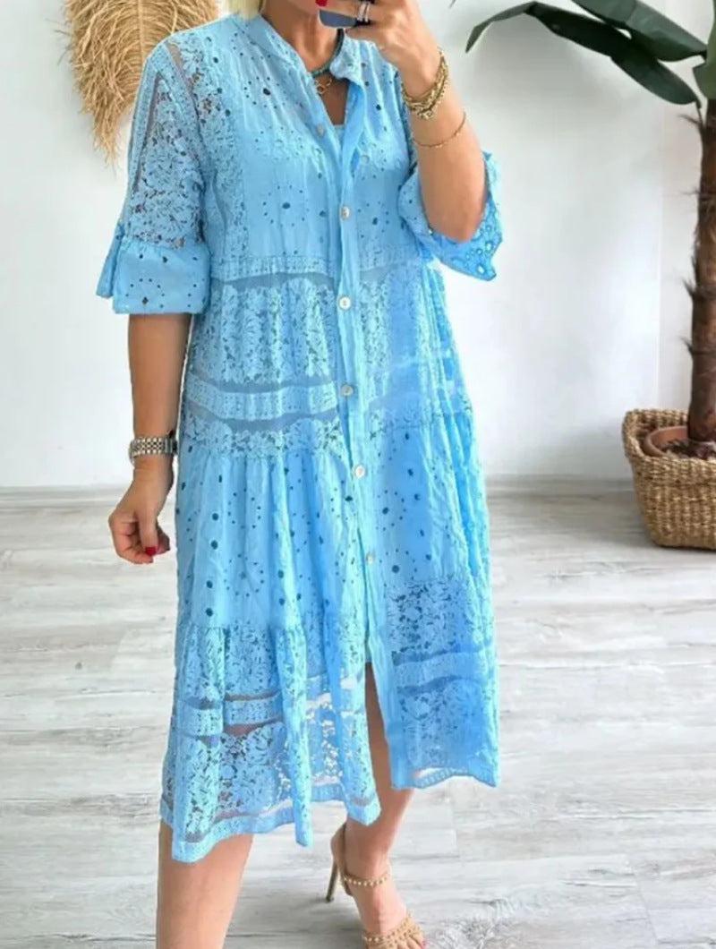Damen nan romantisches Midikleid mit Broderie-Anglaise, durchgeknöpftem Oberteil, Stehkragen, halblangen Volantärmeln und stufigem Saum Drune
